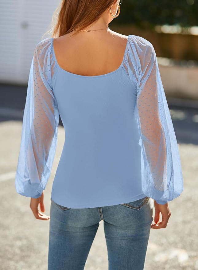 Swiss Dot Mesh Puff-Sleeve Blouse