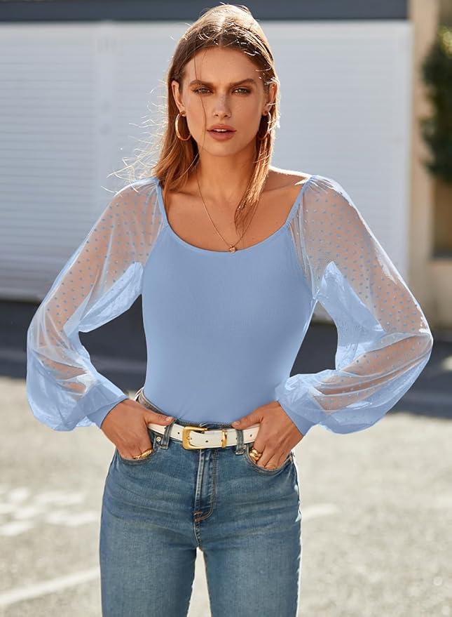 Swiss Dot Mesh Puff-Sleeve Blouse