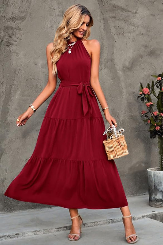 Summer Halter Maxi Dress with Ruffles and Belt
